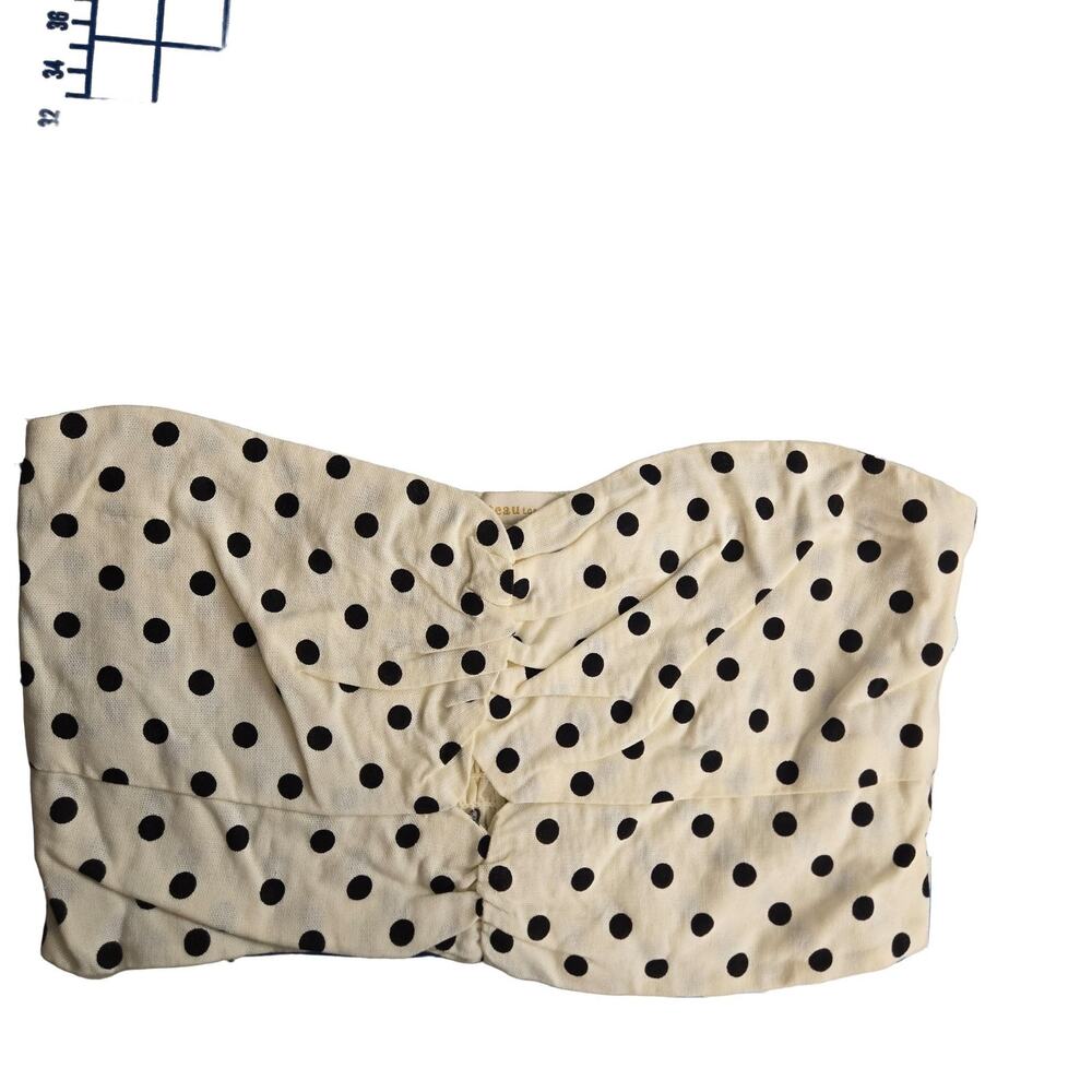 Monteau Los Angeles Polka Dot Bandeau Tube Top L Cream Black Smocked Strapless